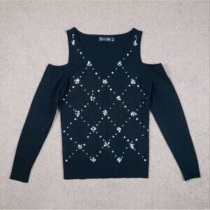 7th Avenue New York Studio Women's Top Sweatshirt Cold Shoulder Beaded Black XS